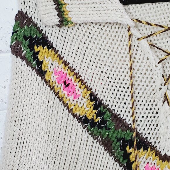 VTG Flamingo Womens Knit Poncho Aztec Fringe Sweater BOHO Indie Cape Free Size - Picture 4 of 8